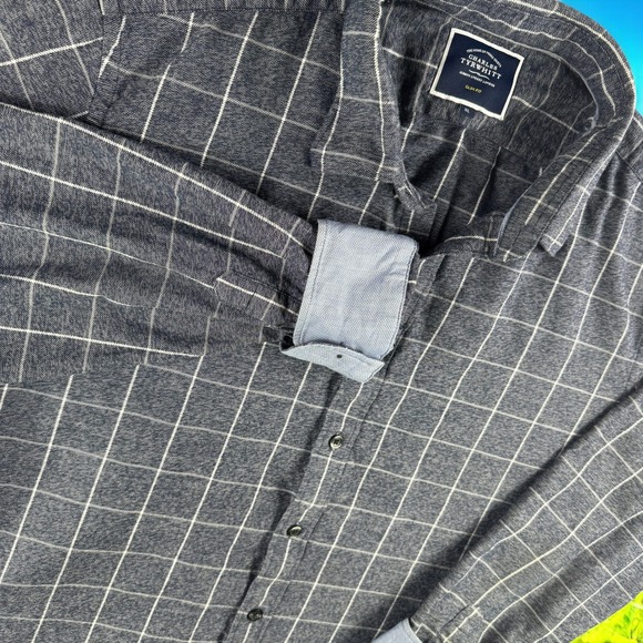 Charles Tyrwhitt Other - Charles Tyrwhitt Shirt Men XL Slim‎ Fit Gray Plaid 100% Cotton Flip Cuff Check